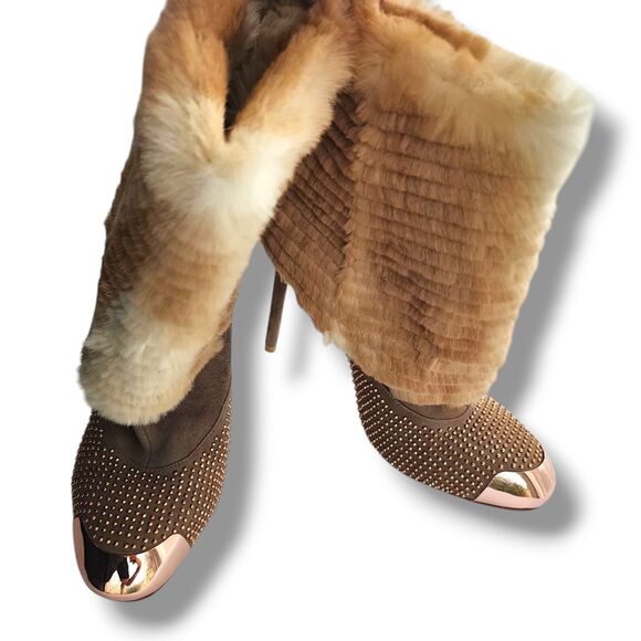 Ivy Kirzhner Fur & All Leather boots Size 8 Mid-Calf Rose Gold Studded Heeled - Picture 2 of 12